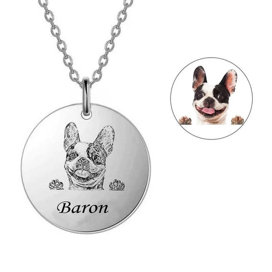 Custom Pet Portrait Necklace in Stainless Steel – Personalized Pet Face & Name Round Pendant